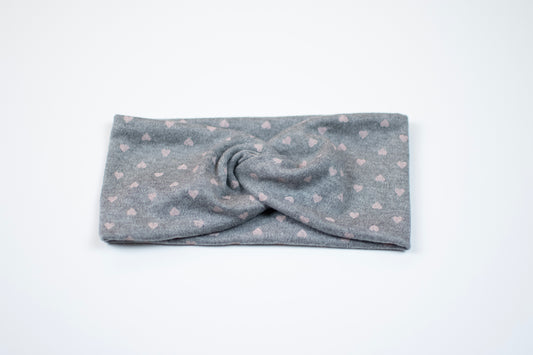 Stirnband Print | grau mit rosa Herzen