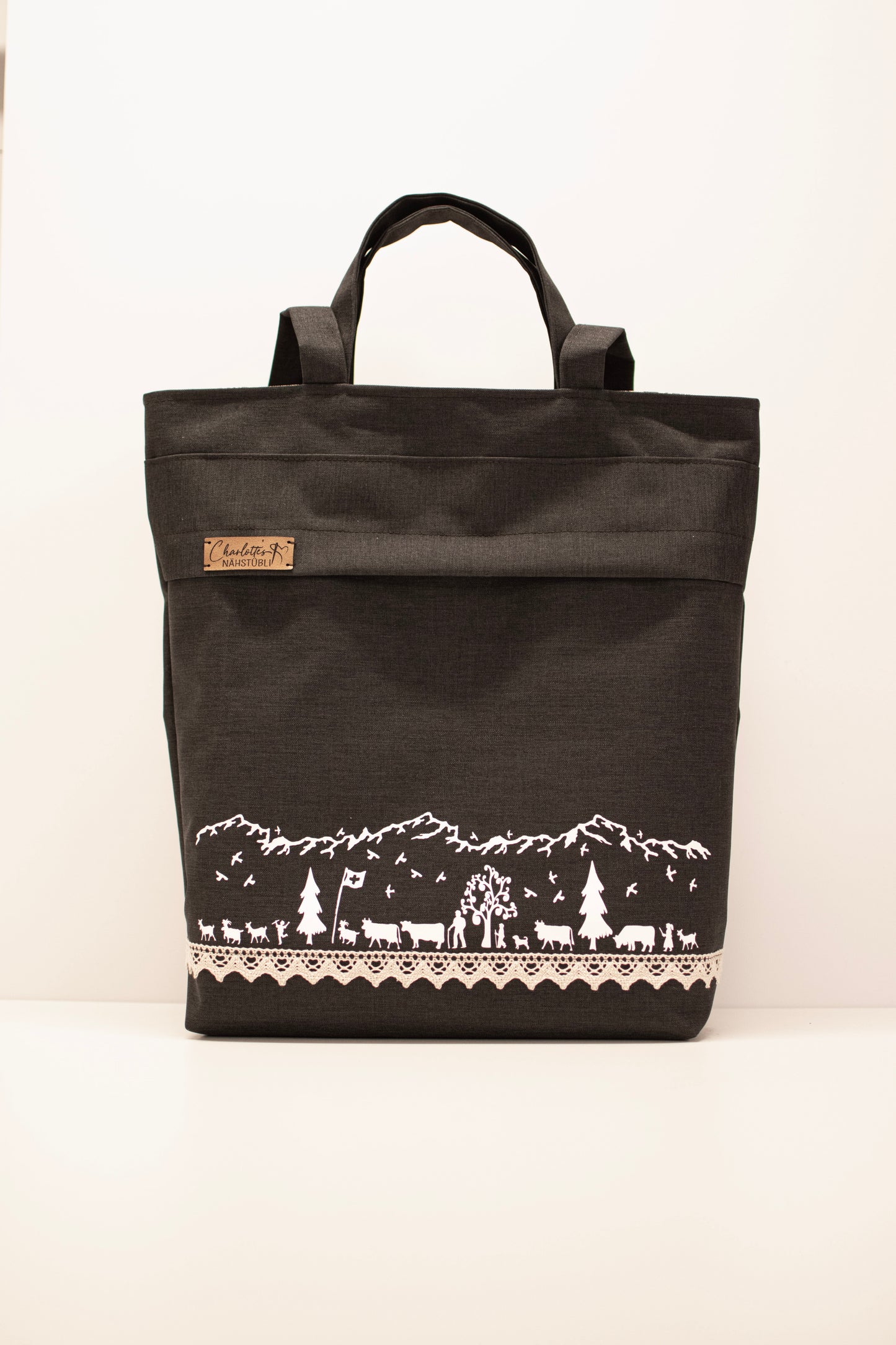 3in1-Tasche mit Taschenstoff | schwarz mit Bauernhoftieren