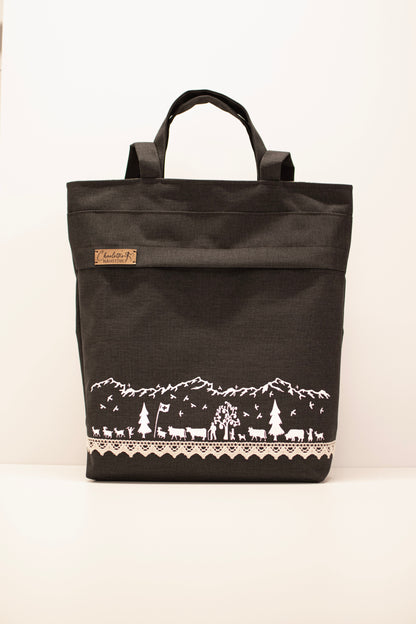 3in1-Tasche mit Taschenstoff | schwarz mit Bauernhoftieren